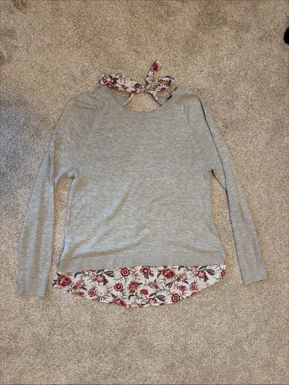 LOFT Light Gray Layered Cardigan with Floral Hem